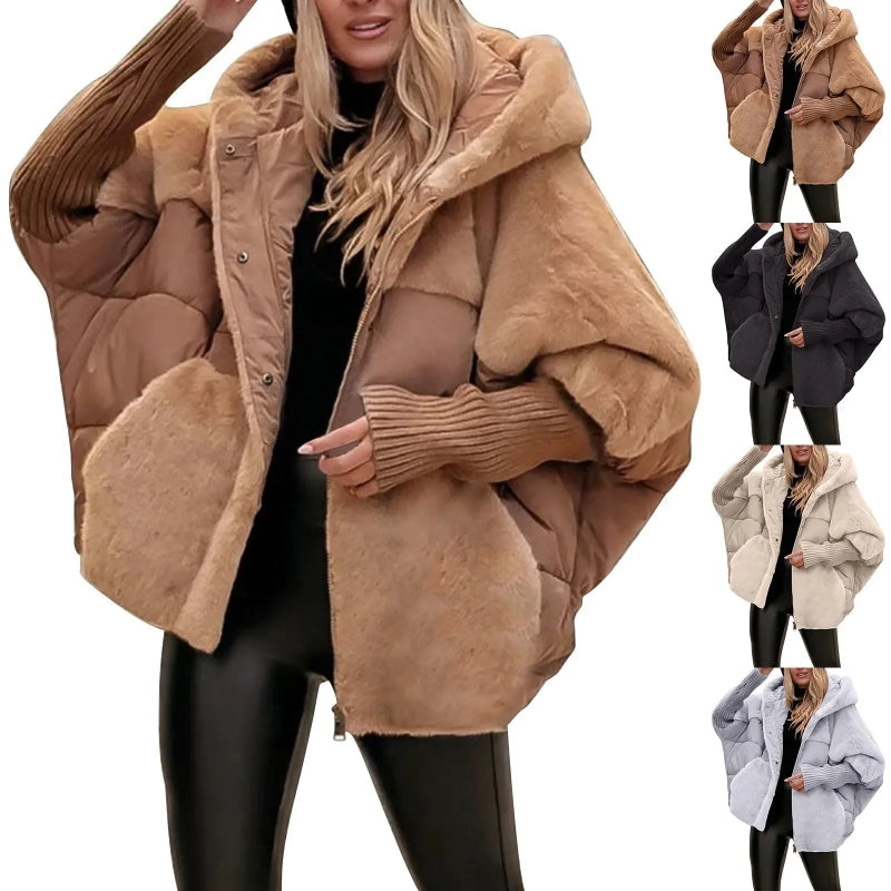 Women's Loose Cotton Coat Faux Fur Patchwork Winter Coat Comfort Chic Long Sleeve Hooded Jacket