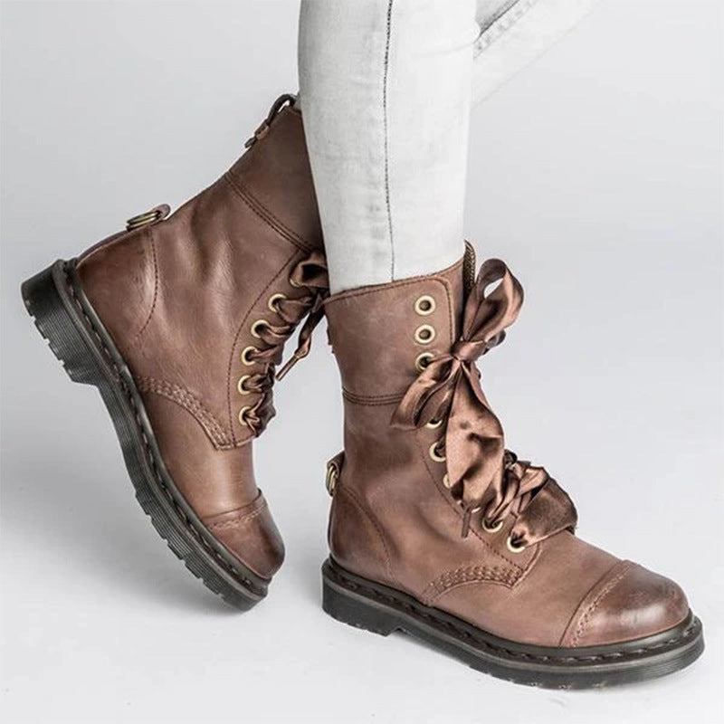 British-style Lace-up Round-toe Flat Ankle Boots For Women