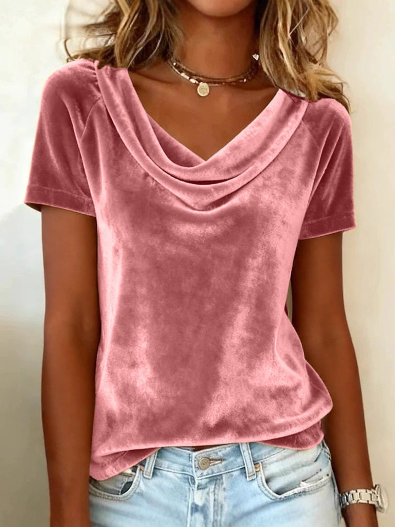 Womens New Solid-Colored Scoop-Neck Short-Sleeve Sexy Velvet T-Shirt