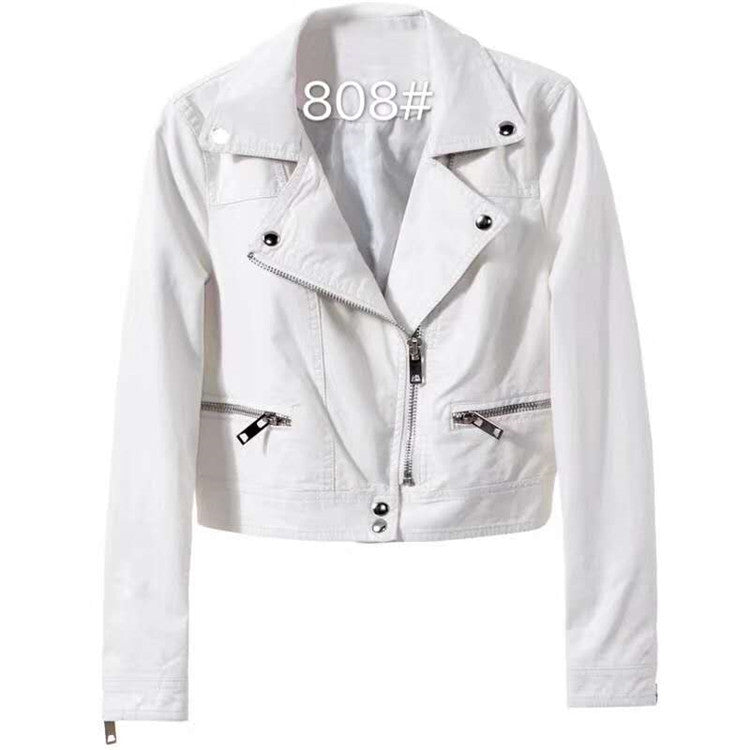 Motorcycle Leather Women's Short Slim Fit Plus Size Washed Leather Jacket