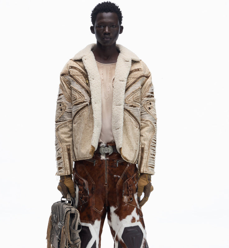 Ravaged And Distressed Apricot Lambswool Denim Jacket