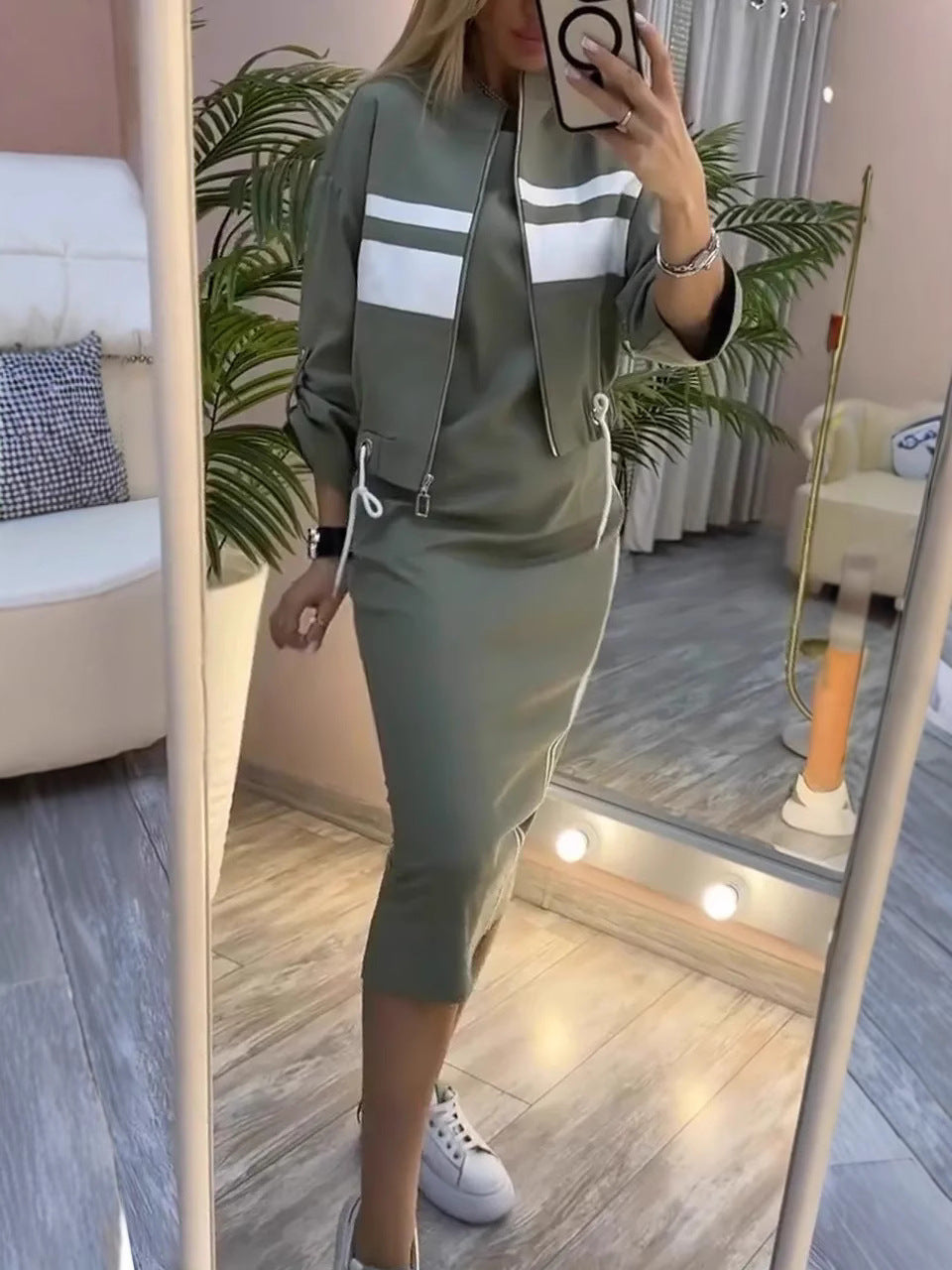 Casual Zipper White Stripe Edge Jacket Coat Dress Women's Suit