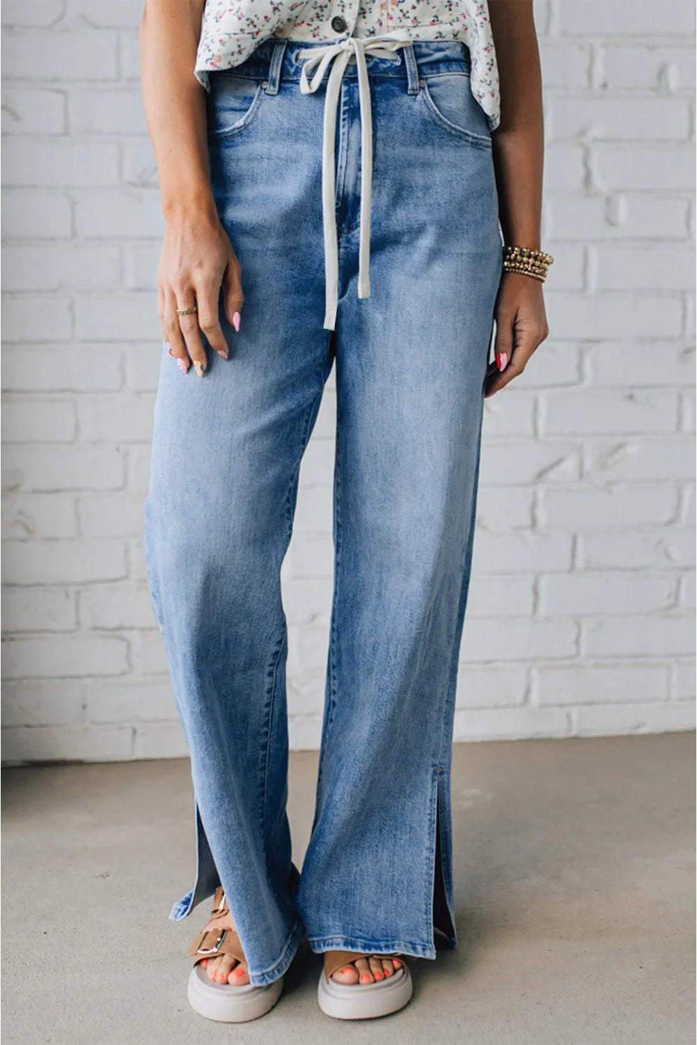 Myosotis Side Slit High Rise Drawstring Casual Jeans