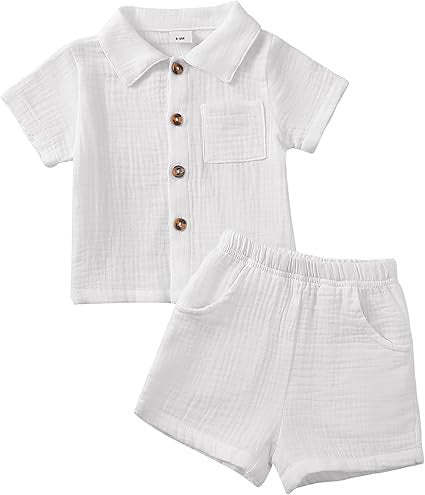 Baby Boy Cotton-Linen Solid Color Textured Fabric Lapel Collar Short-Sleeve Top Elastic Waist Shorts Set