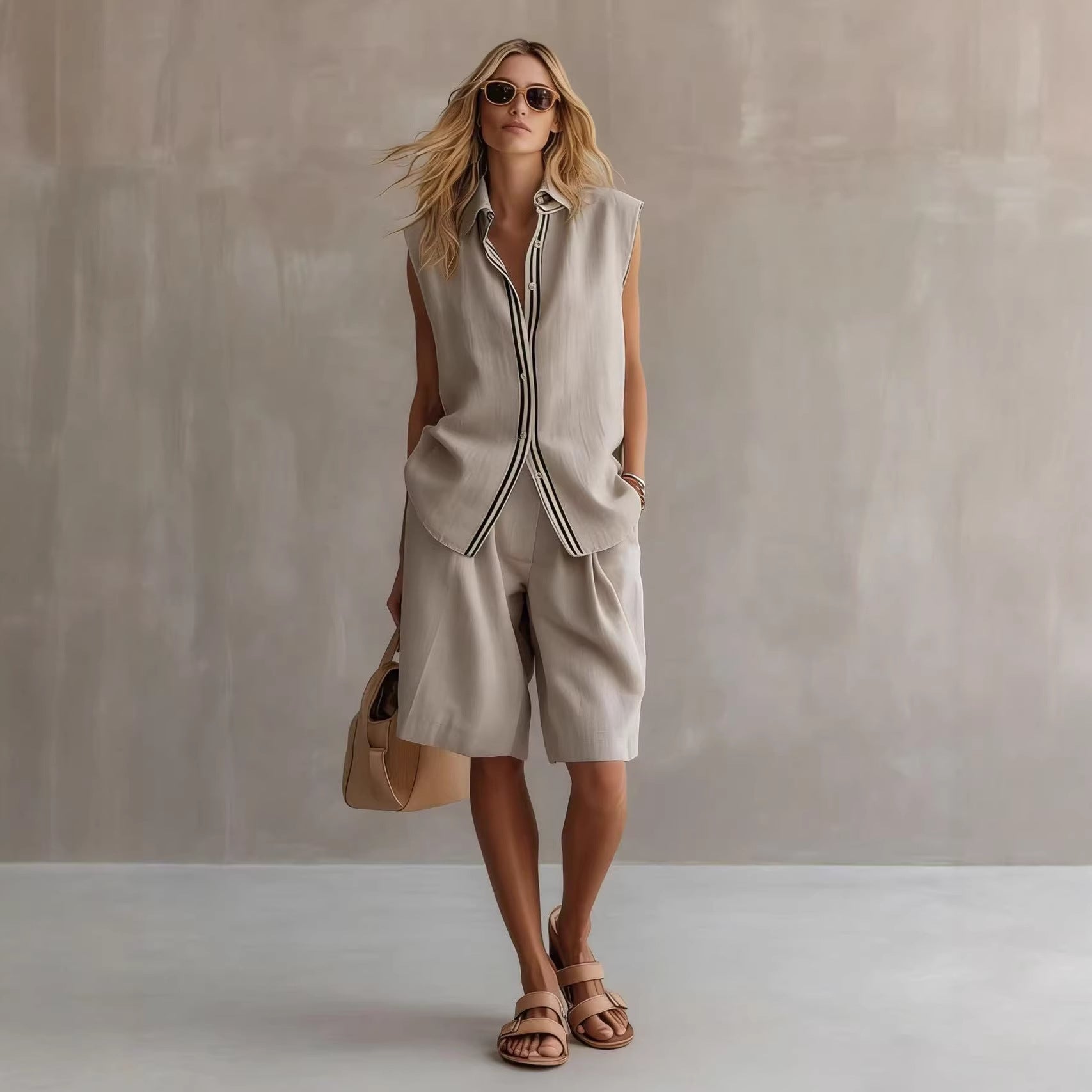 Women's Linen Shirt and Shorts Set – Sleeveless Summer Two-Piece