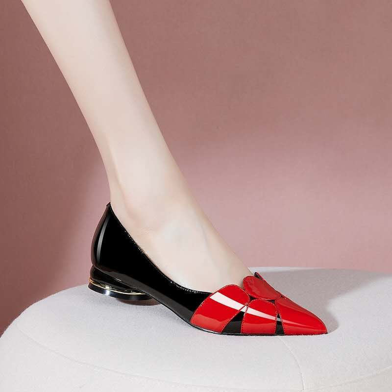 Red Thick Heel Soft Leather Women's Shoes