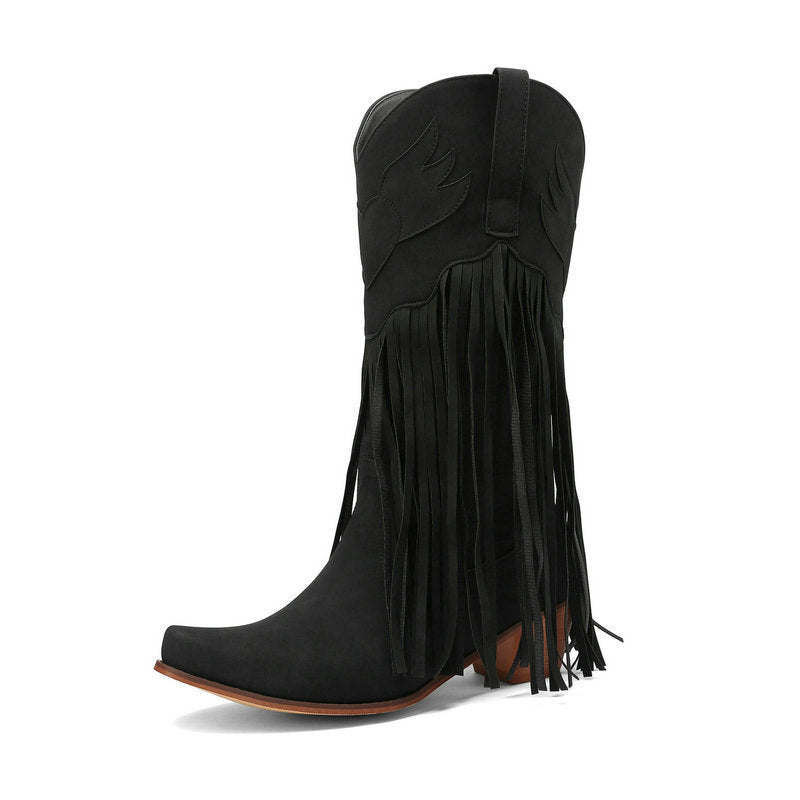 Womens Retro Mid-Calf Chunky Heel Round-Toe Boots