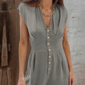 Women’s Short Button Front Jumpsuit – V-Neck Patchwork Romper