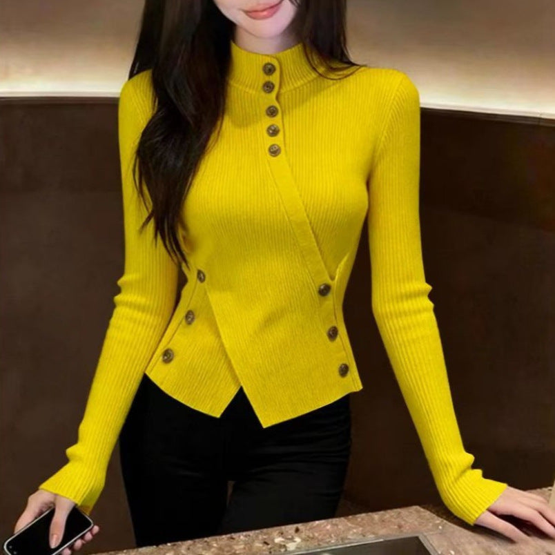 Autumn And Winter Retro Apricot Semi-high Neck Knitted Sweater Women's Fitted Base Shirt Long Sleeve Top