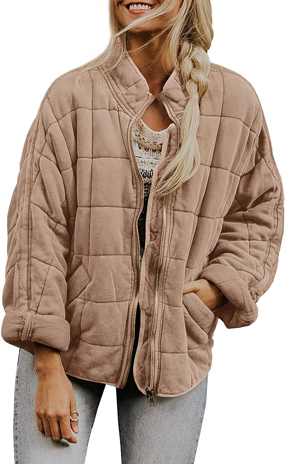 Winter Zip-up Stand Collar Coat With Pockets Fashion Solid Color Plaid Long Sleeved Jacket Women's Clothing