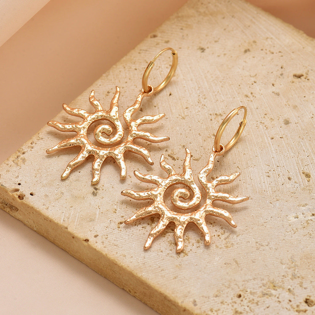 Gold Sun Necklace Hollow Pendant Earrings