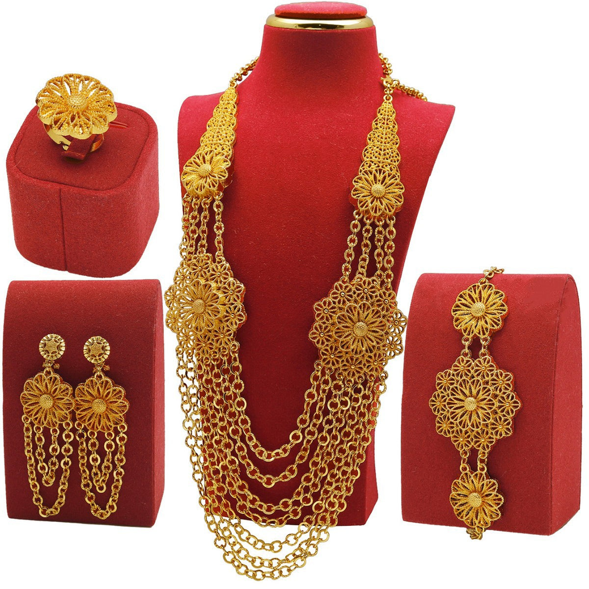 24K Gold Flower Necklace Earring Ring Bracelet Set