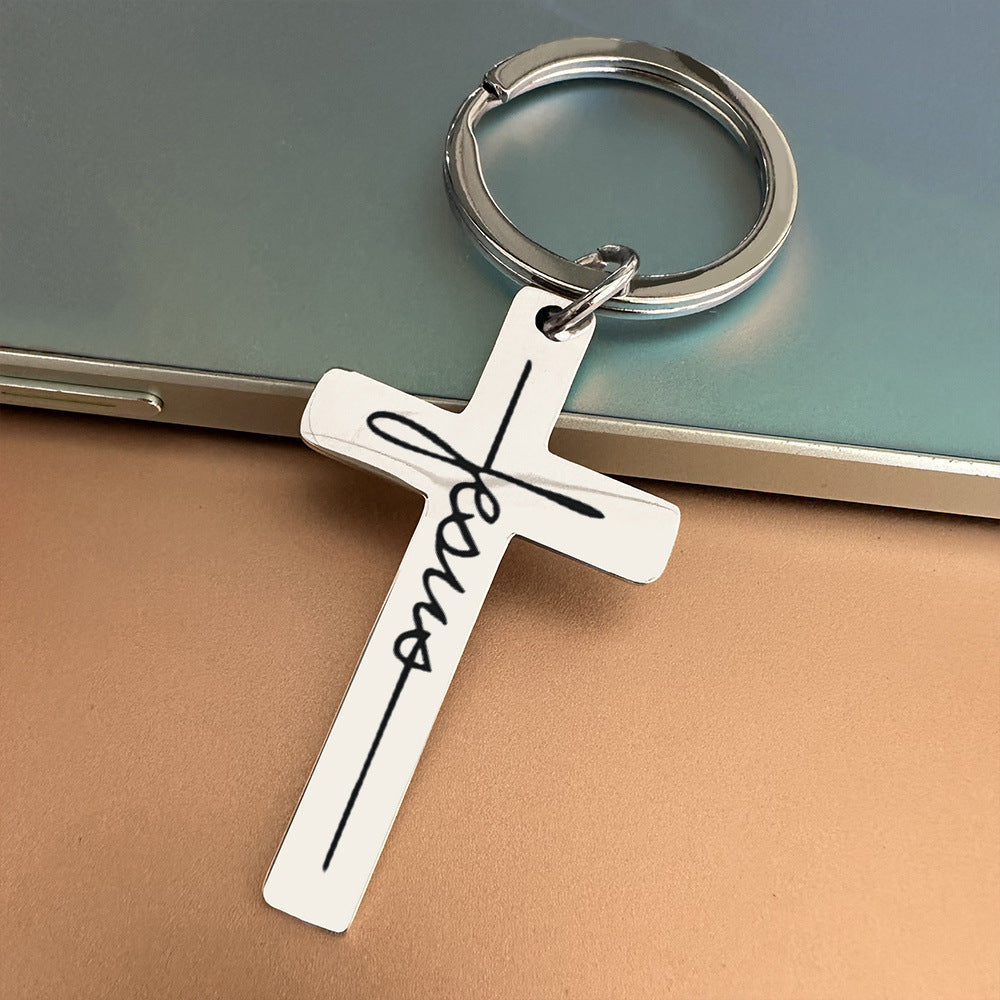 Personality Trend Stainless Steel Faith Cross Scripture Lettering Metal Keychains
