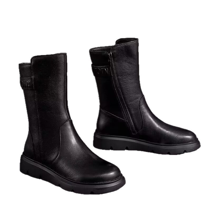 Round-toe Solid-color High-top Mid-calf Short Boots With Side Zipper