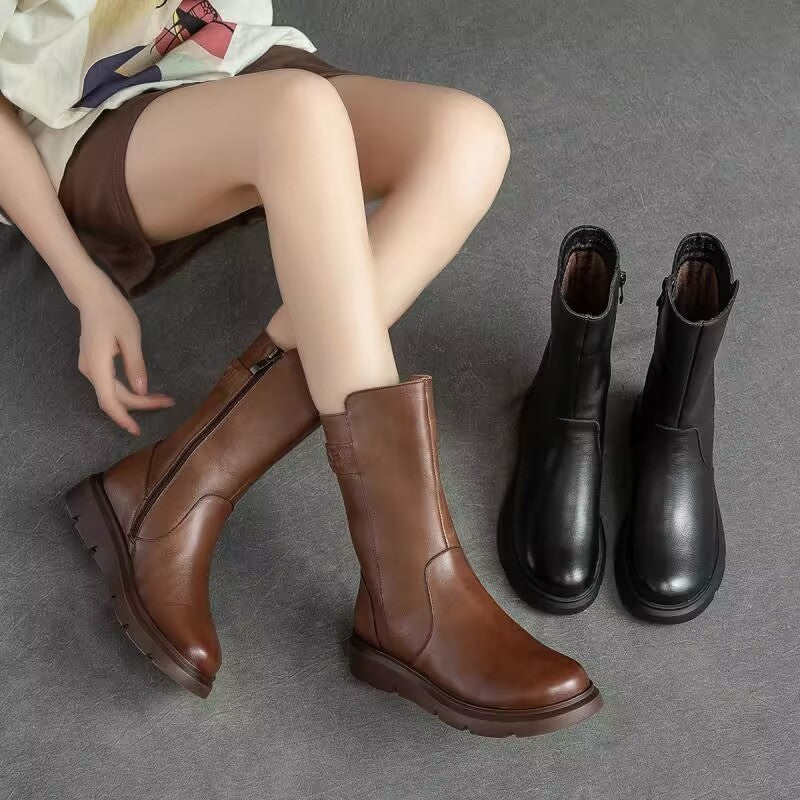 Round-toe Solid-color High-top Mid-calf Short Boots With Side Zipper