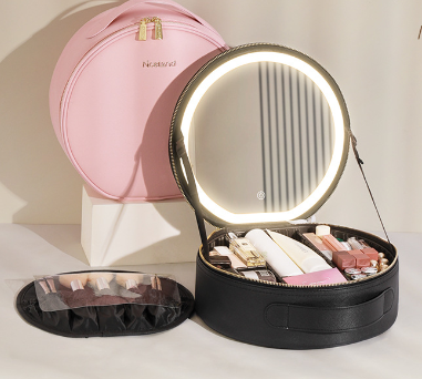 Round Makeup Bag with Mirror and LED Light (Large Capacity)