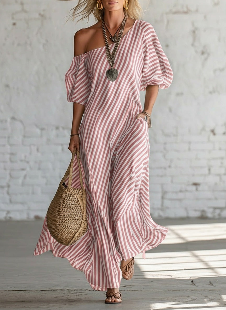 Womens Striped Off-shoulder Dress