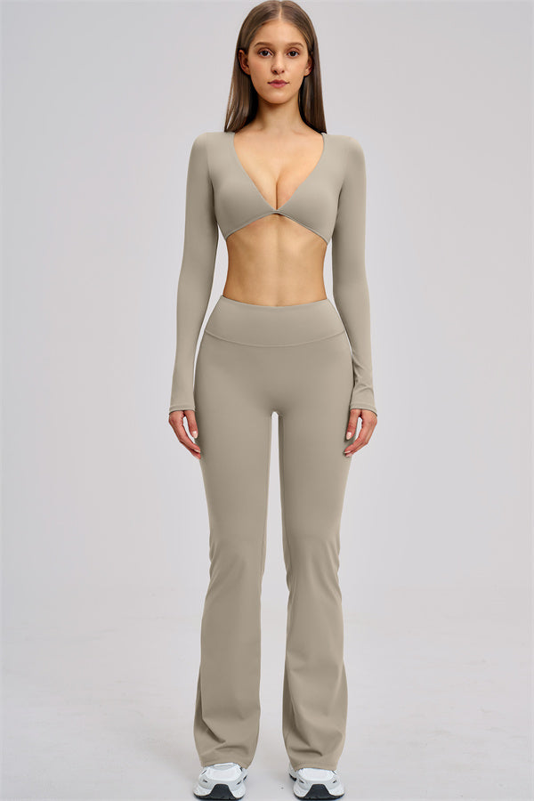 The Zestful Long Sleeve Crop Top Flared Leggings 2-Piece Set