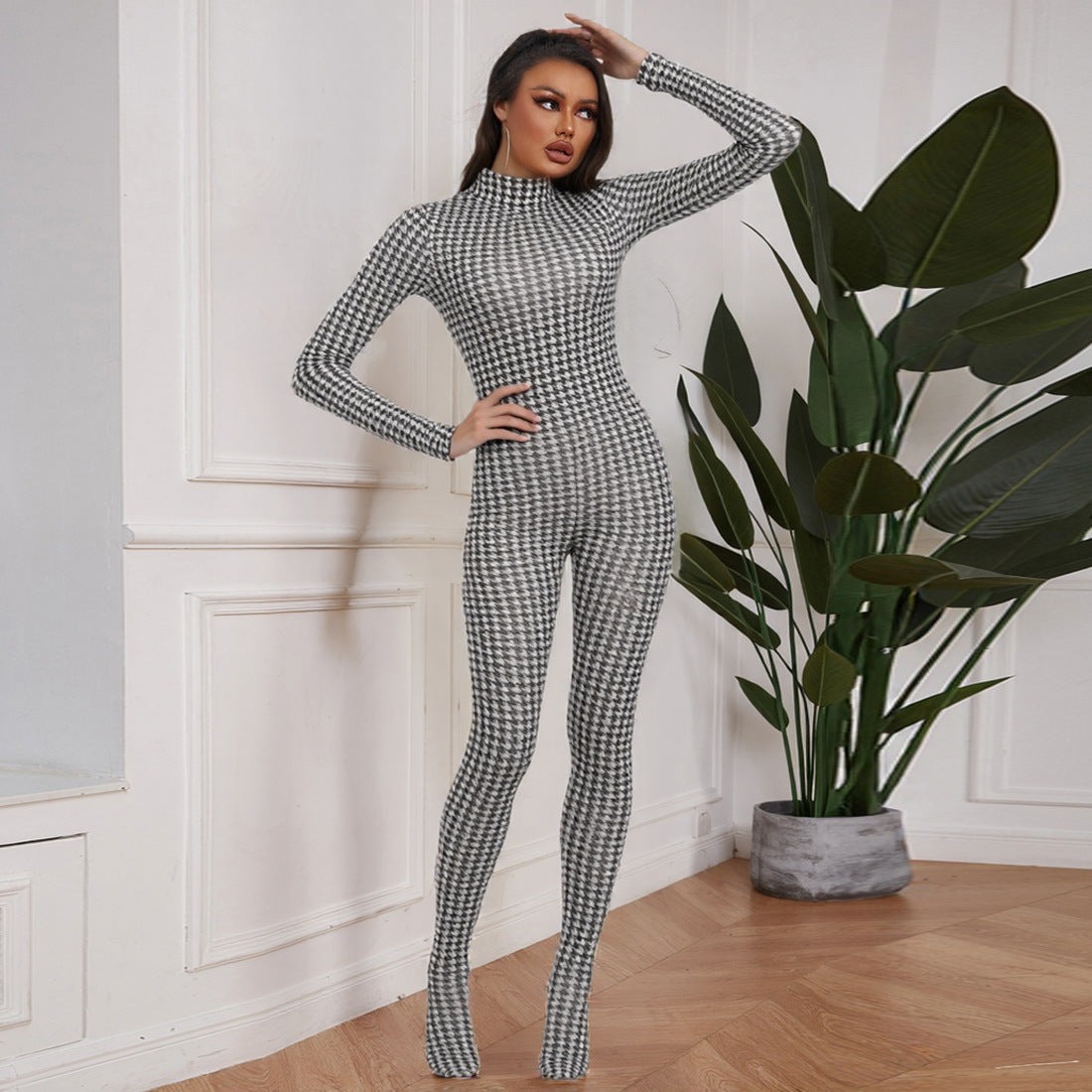 European And American Style Fashion Printed High-neck Long-sleeve Sexy High-waist Slim Jumpsuit