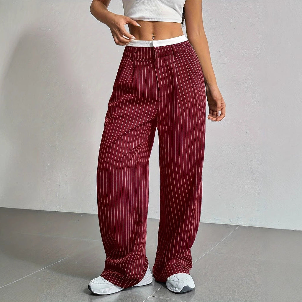 Stripe Printed Trousers Fashion High Waist Straight Leg Pants With Pocket Zipper Casual Suit Pants For Women