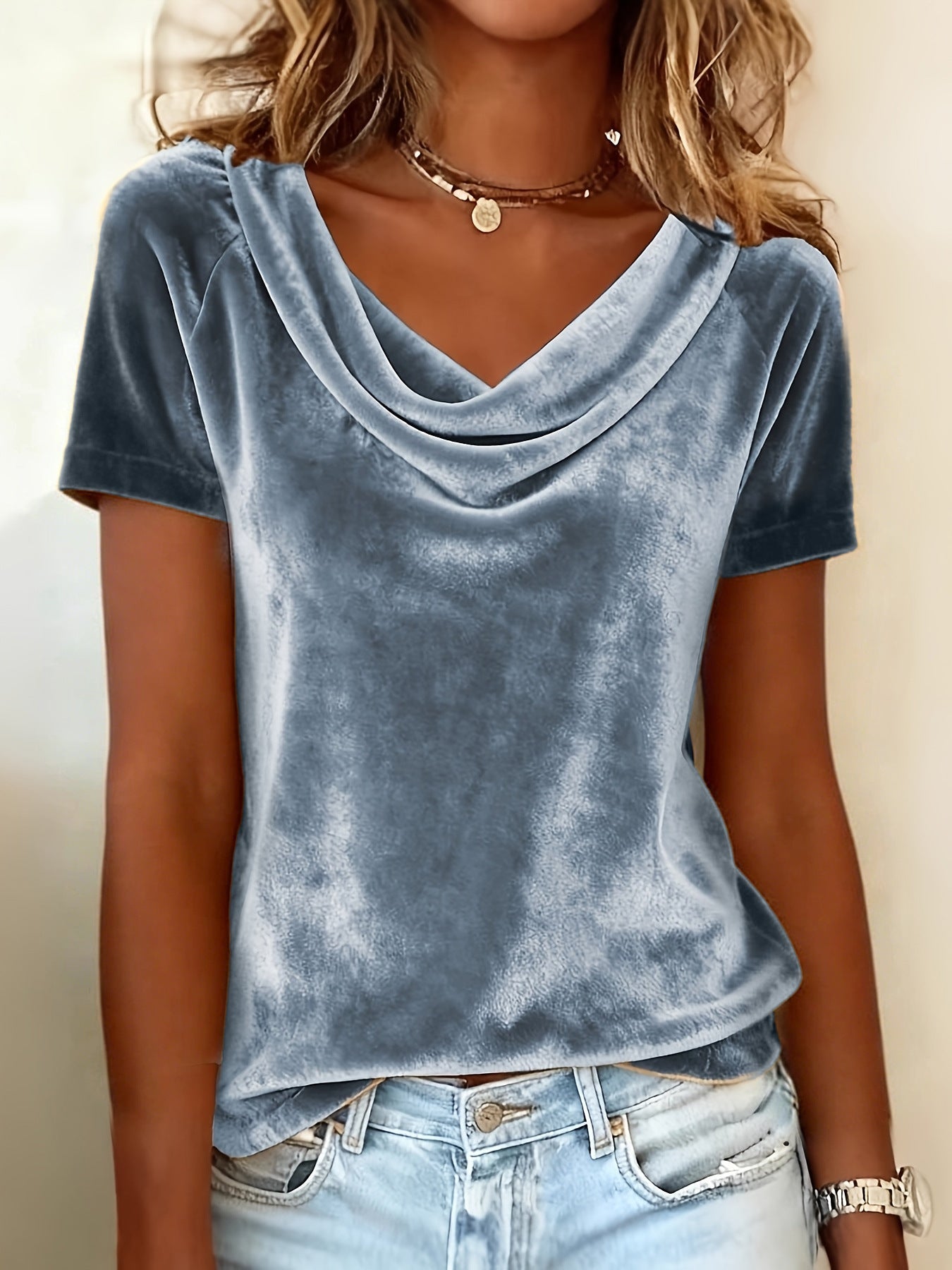 Womens New Solid-Colored Scoop-Neck Short-Sleeve Sexy Velvet T-Shirt