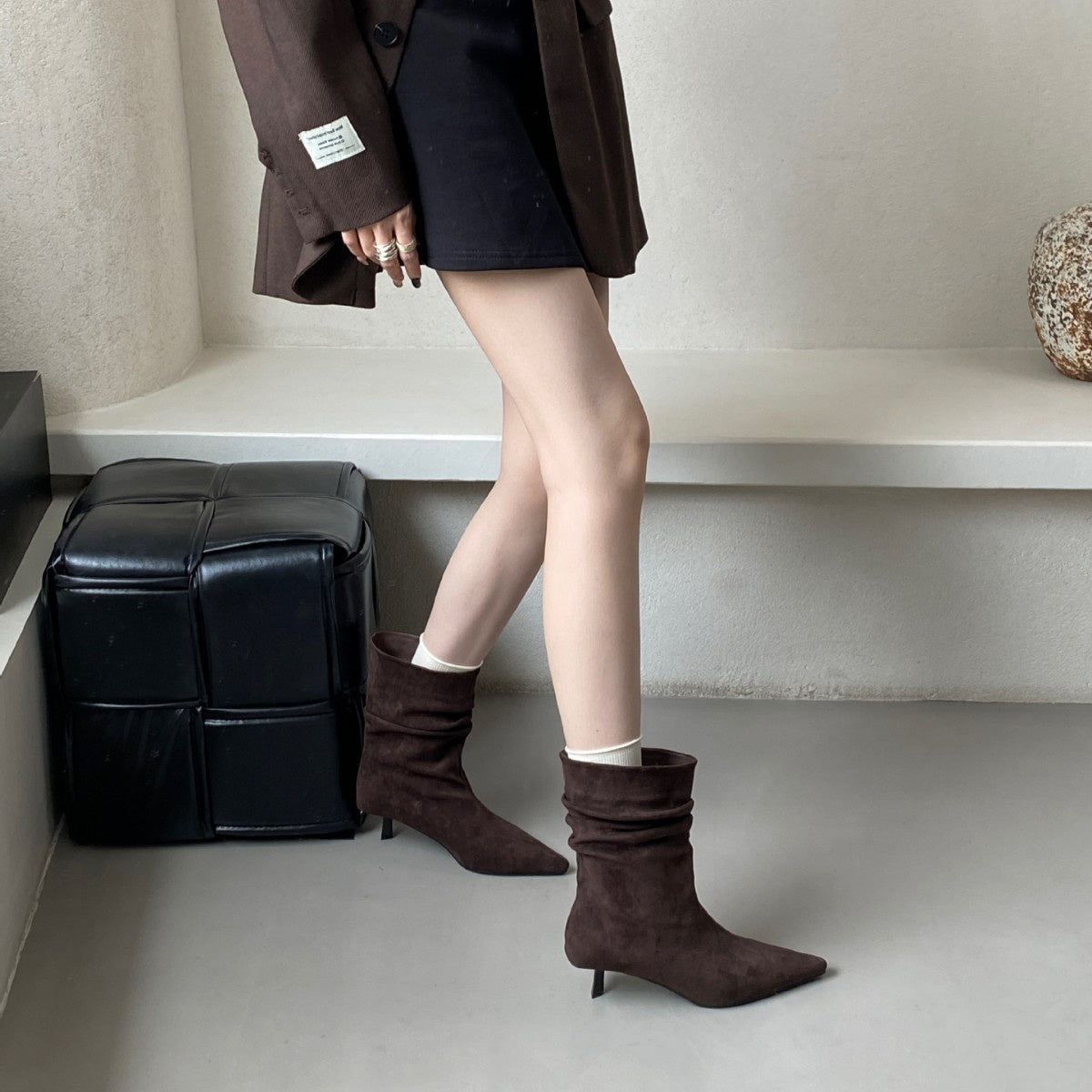 Women's Autumn Winter Pointed Toe High Heel Slimming Mid-Calf Boots