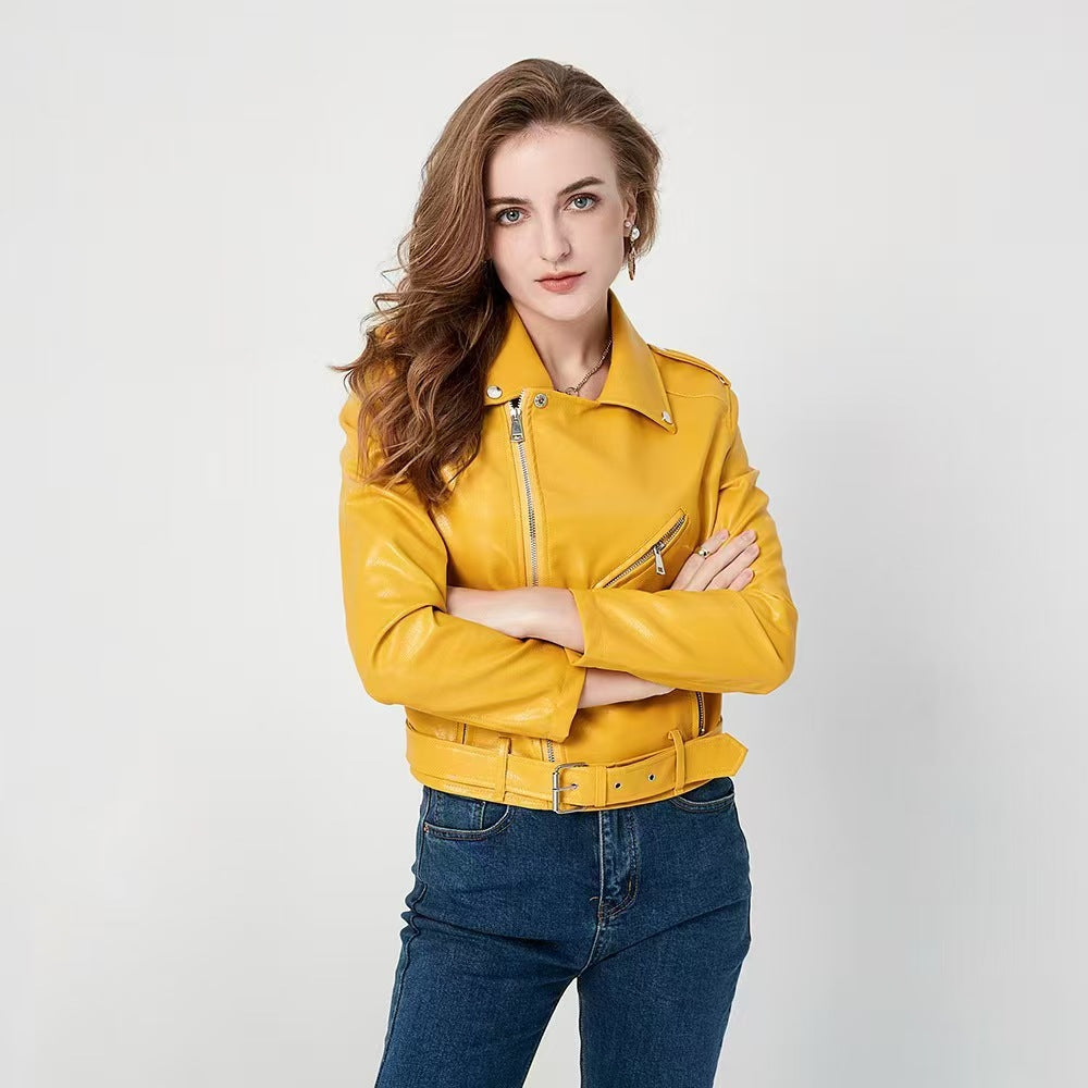 Women's Fashion Diagonal Zipper Slim Fit Washed Motorcycle Jacket
