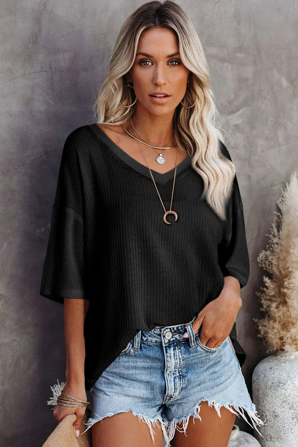 White Waffle Texture V Neck Drop Shoulder Loose Tee