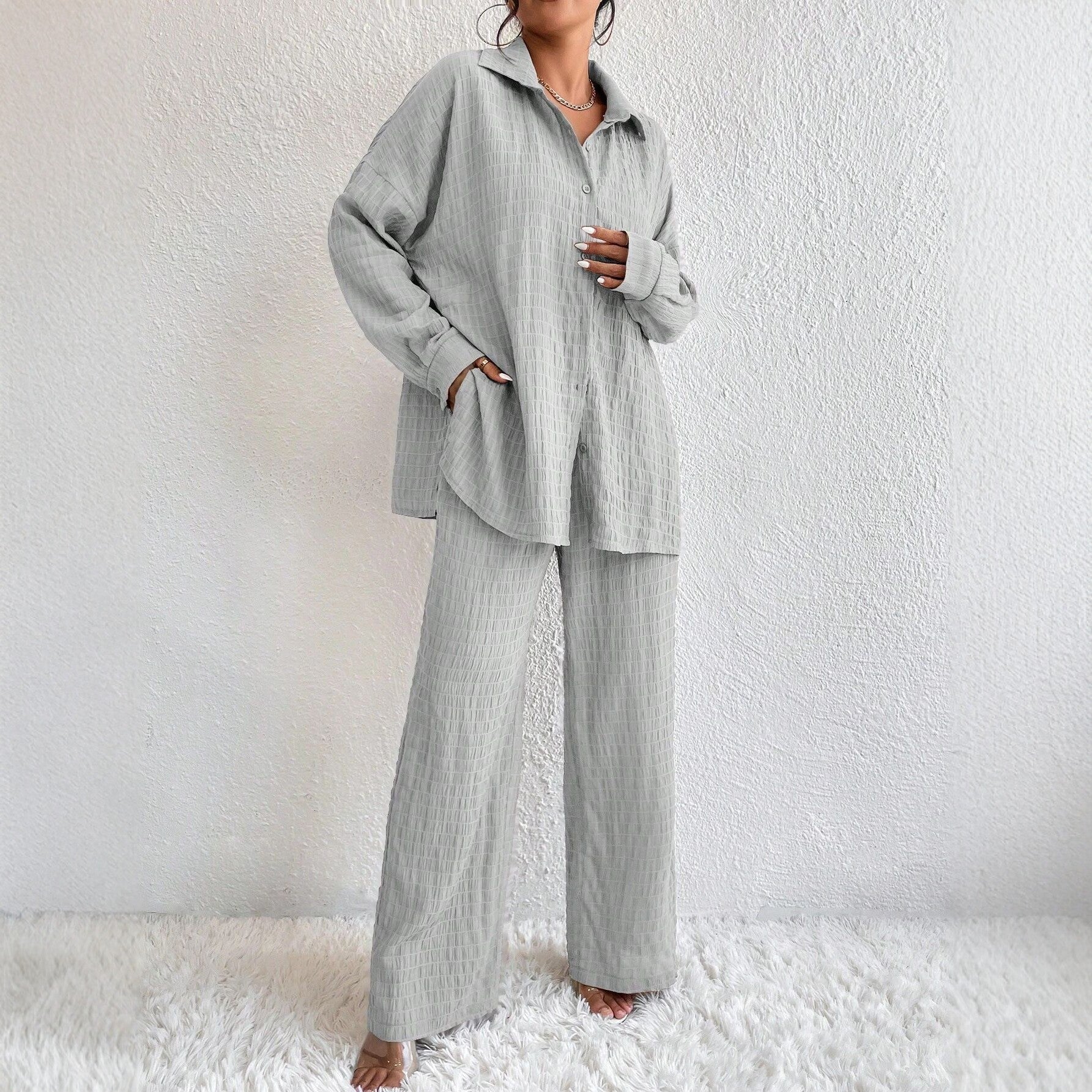 Women's Pleated Long Sleeve Lapel Two-Piece Set – Loose Top & Pants