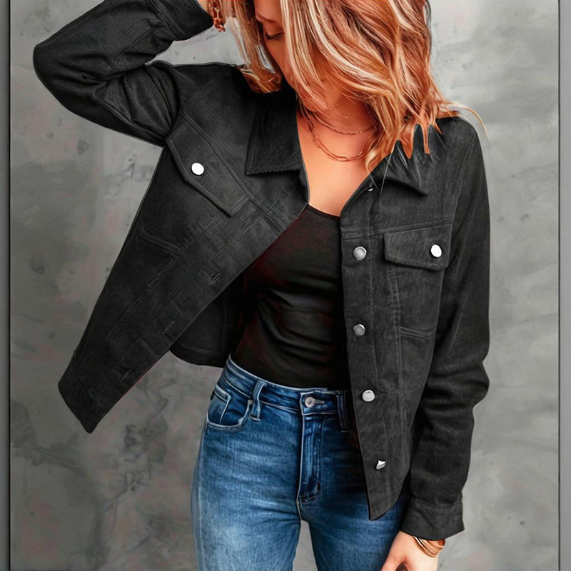 Women's Corduroy Long Sleeve Jacket - Casual Button-Up Coat With Flap Pockets