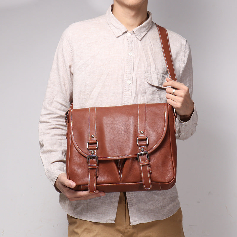 Mens Full-Grain Leather Large-Capacity Shoulder Bag