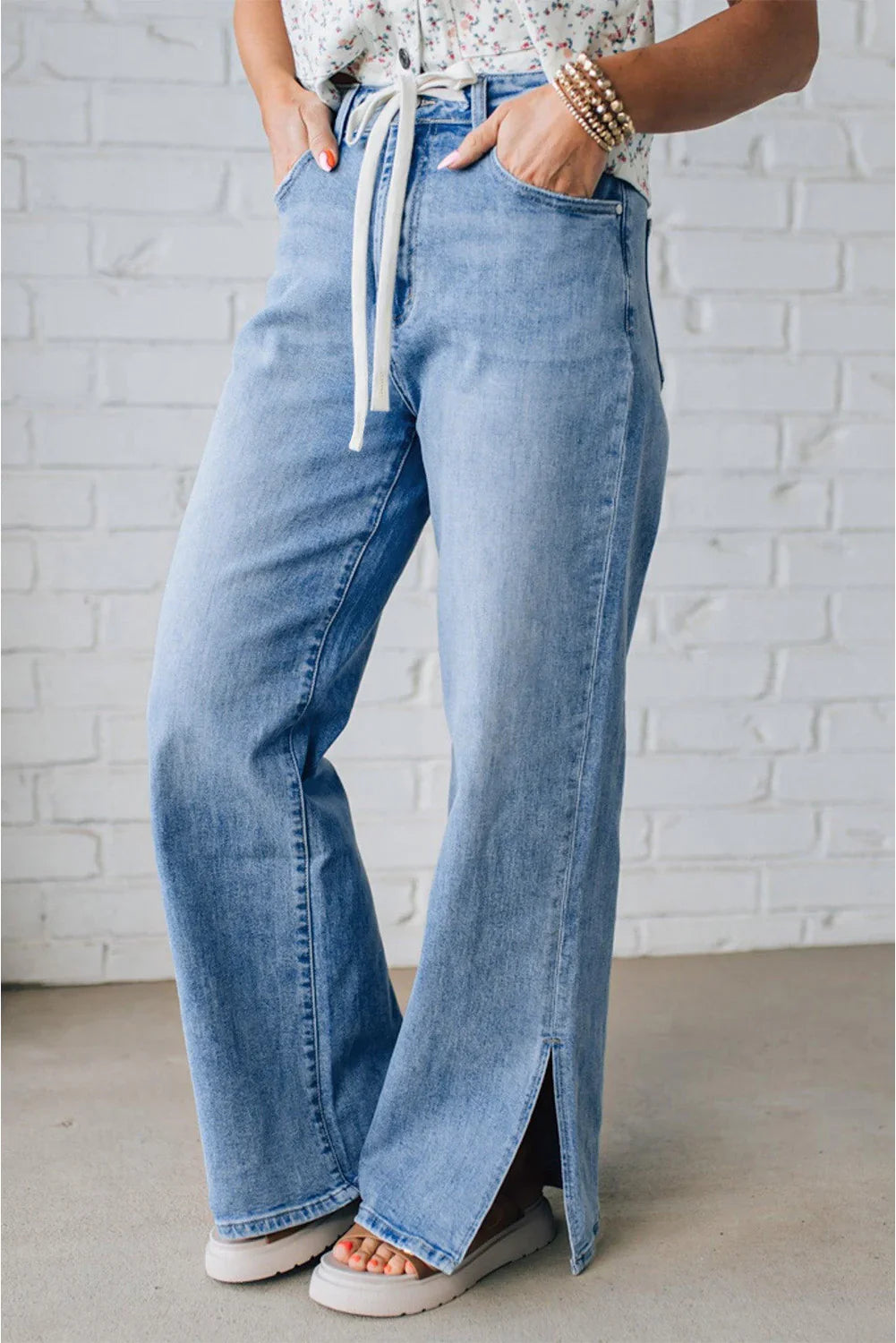 Myosotis Side Slit High Rise Drawstring Casual Jeans