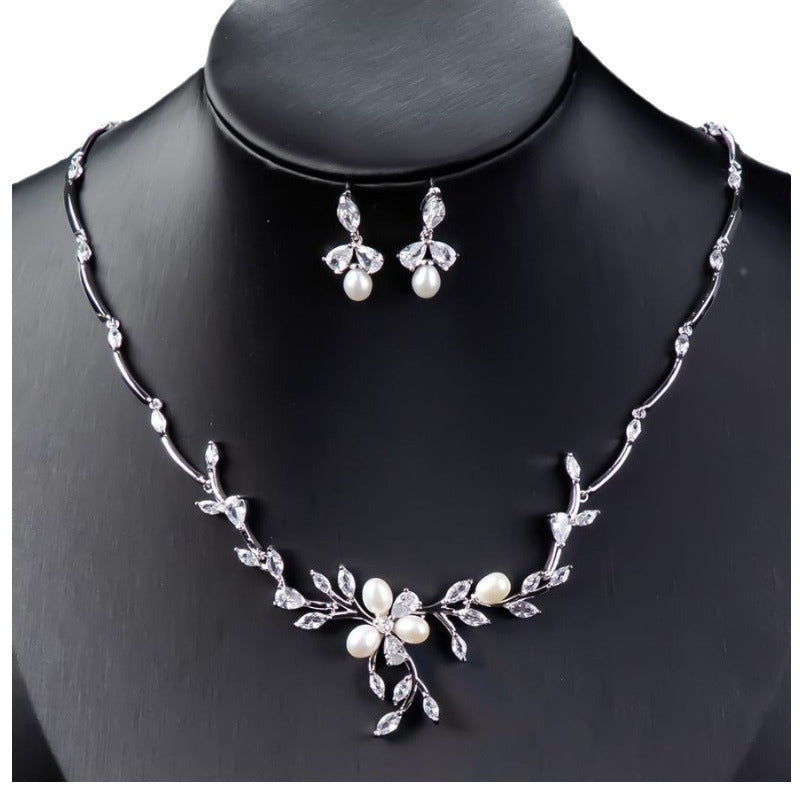 Sweet Pearl Zircon Ear Stud Necklace Jewelry Suit