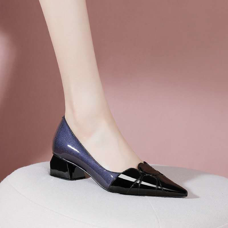 Red Thick Heel Soft Leather Women's Shoes