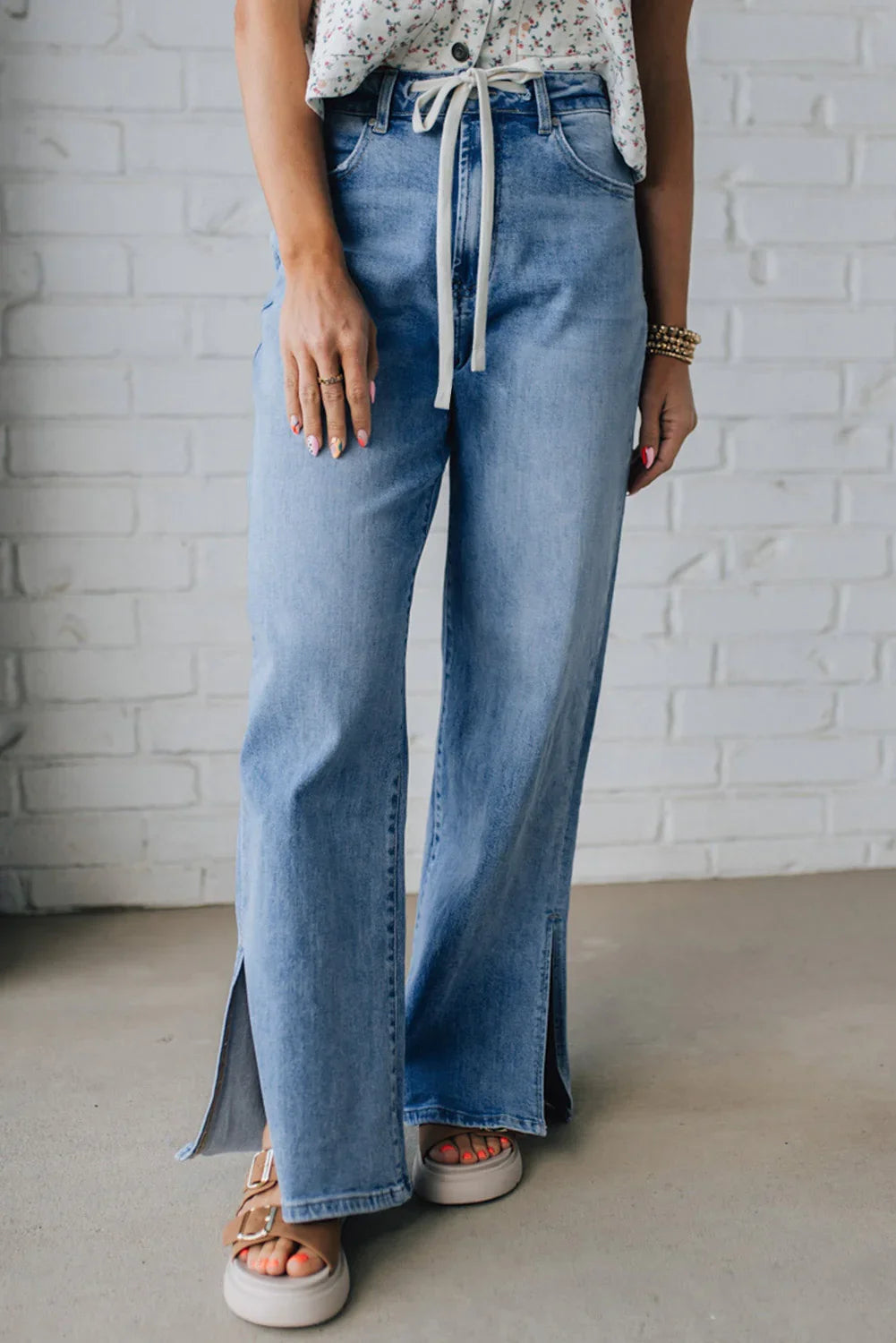 Myosotis Side Slit High Rise Drawstring Casual Jeans