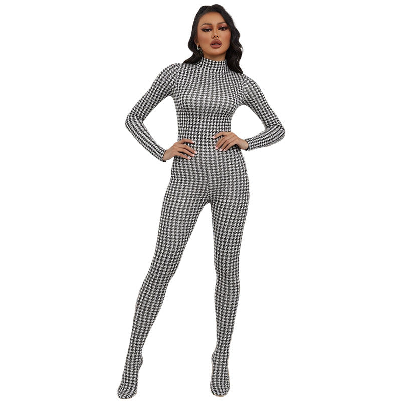 European And American Style Fashion Printed High-neck Long-sleeve Sexy High-waist Slim Jumpsuit