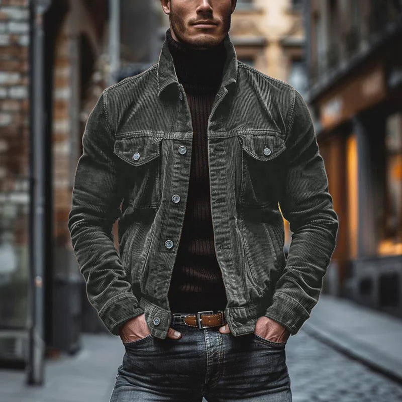 Men's Pocket Corduroy Long Sleeve Striped Lapel Jacket