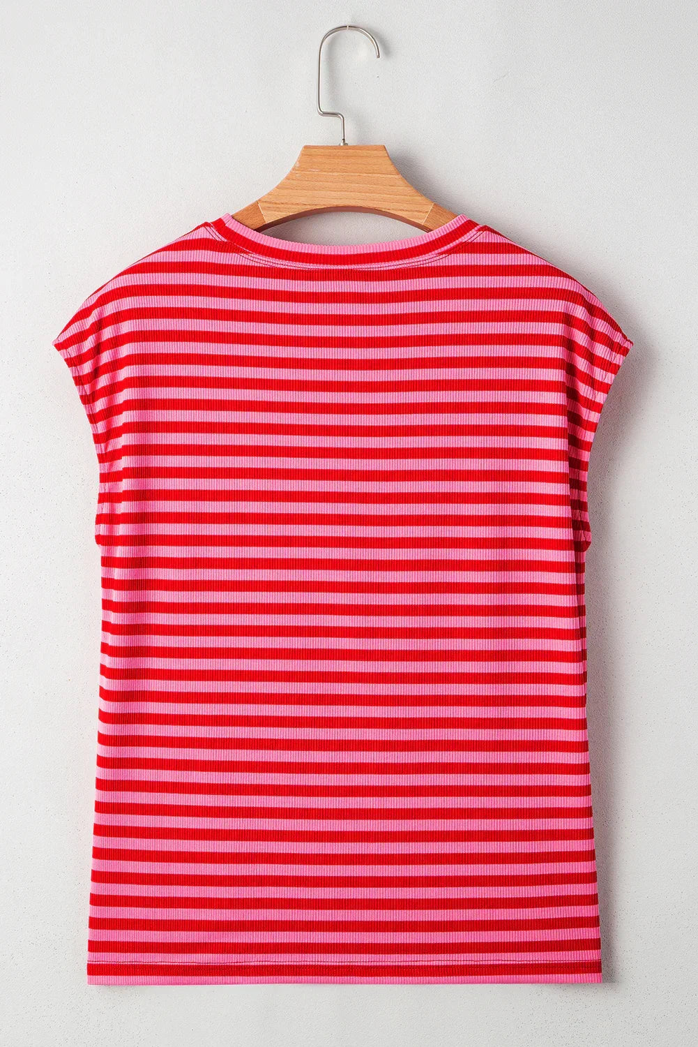 Black Stripe Ribbed Cap Sleeve Round Neck T Shirt