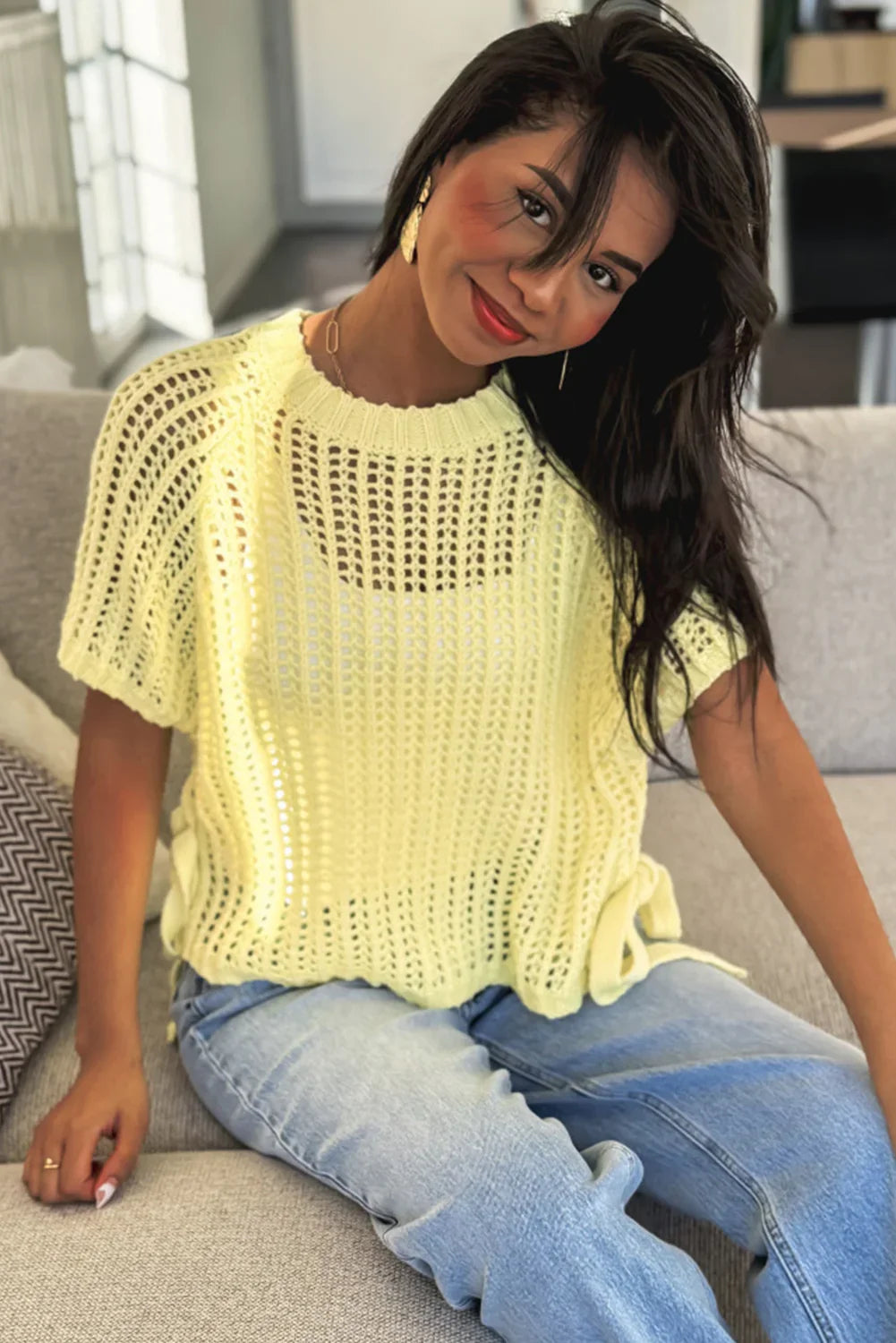 Pink Side Tie Hollow-out Crochet Knit Top