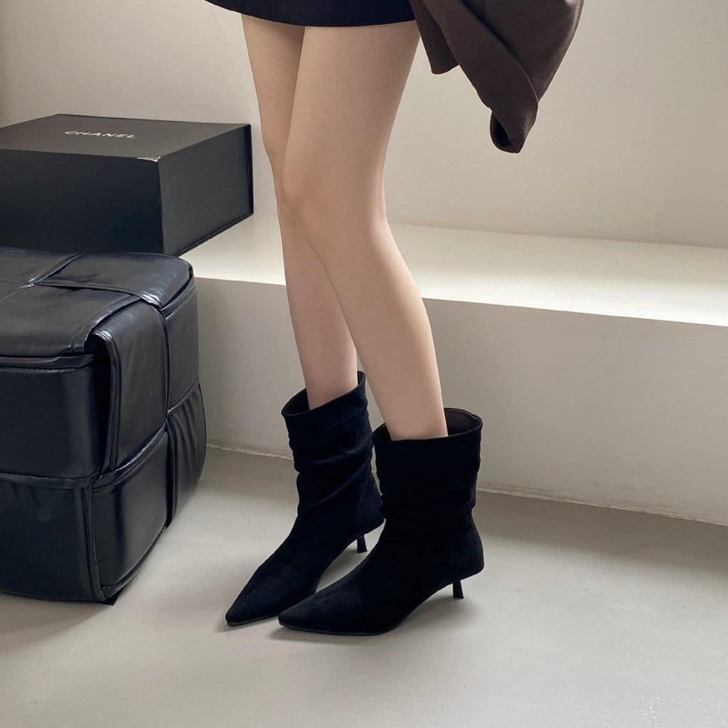 Women's Autumn Winter Pointed Toe High Heel Slimming Mid-Calf Boots