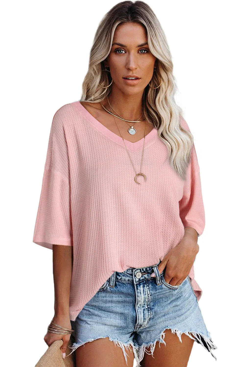 White Waffle Texture V Neck Drop Shoulder Loose Tee