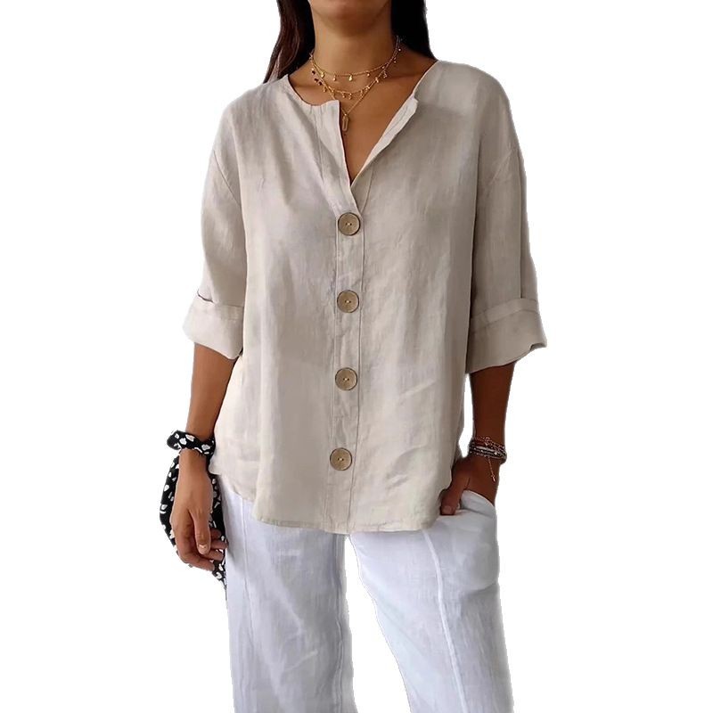 Loose-fit Women's V-neck Cotton-Linen Button T-shirt Top