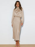 Elegant Temperament Long-sleeved Dress Satin Halterneck Formal Evening Dresses Women Clothing