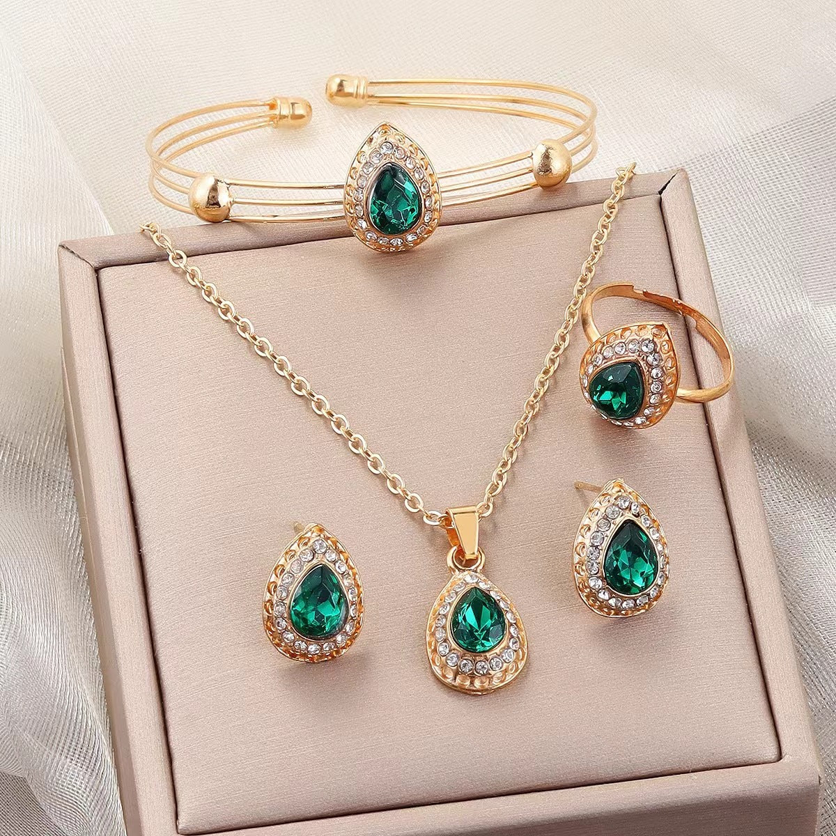 Jewelry Suit Women's Water Drop Gem Series Necklace Earring Ring Bracelet Four-piece Set
