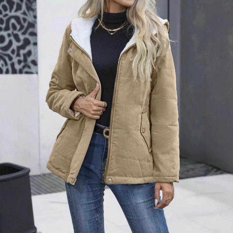 Fleece-lined Hooded Coat Winter Preppy Style Long Sleeve Jacket Warm Pockets Cotton Coat Women's Clothing