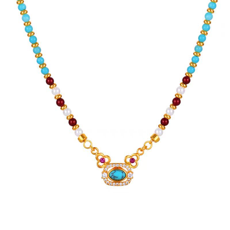 Natural Turquoise Pearl Necklace Chinese Style Traditional Clavicle Necklace