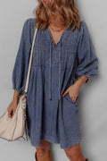 Sail Blue Pleated V Neck 3/4 Sleeve Denim Mini Dress