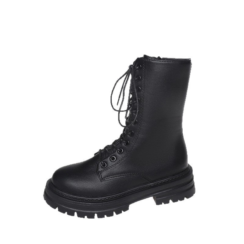 Autumn And Winter New Round Head Lace-up British Style Thick Bottom Mid-calf Martin Boots Women