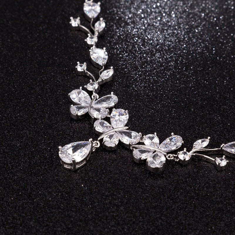 New Bridal Necklace And Earrings Suite Butterfly Zircon