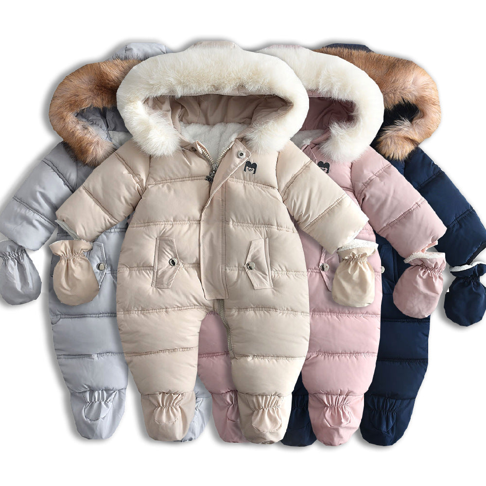 Fleece-lined Thick Large Fur Hooded Baby Jumpsuit
